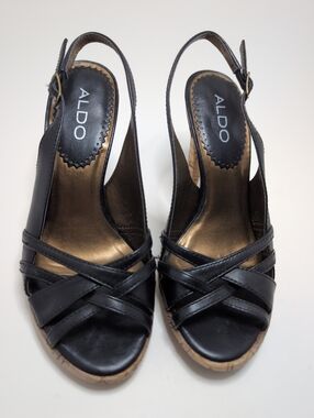 ALDO Womens Black Strappy Crisscross Sandals Cork Heel Size 5